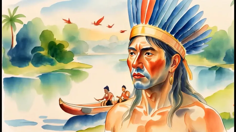 Ilustração em aquarela de um indígena à beira do rio