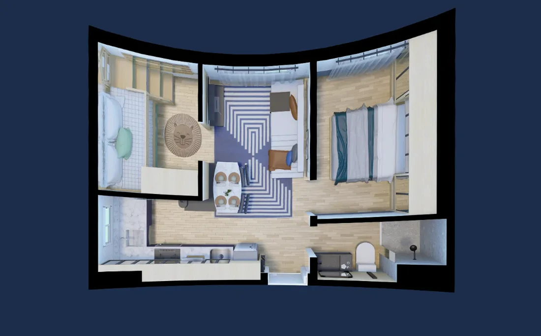 Planta de apartamento de dois dormitórios modelada em 3D