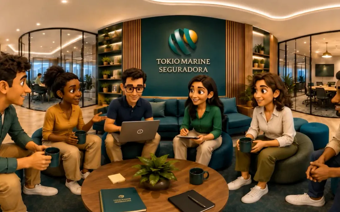 Jovens conversando no escritório da Tokio Marine em animação 3D