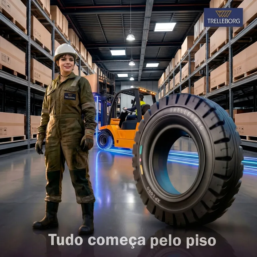 Visitante retratada pela IA em um armazém, ao lado de um pneu Trelleborg