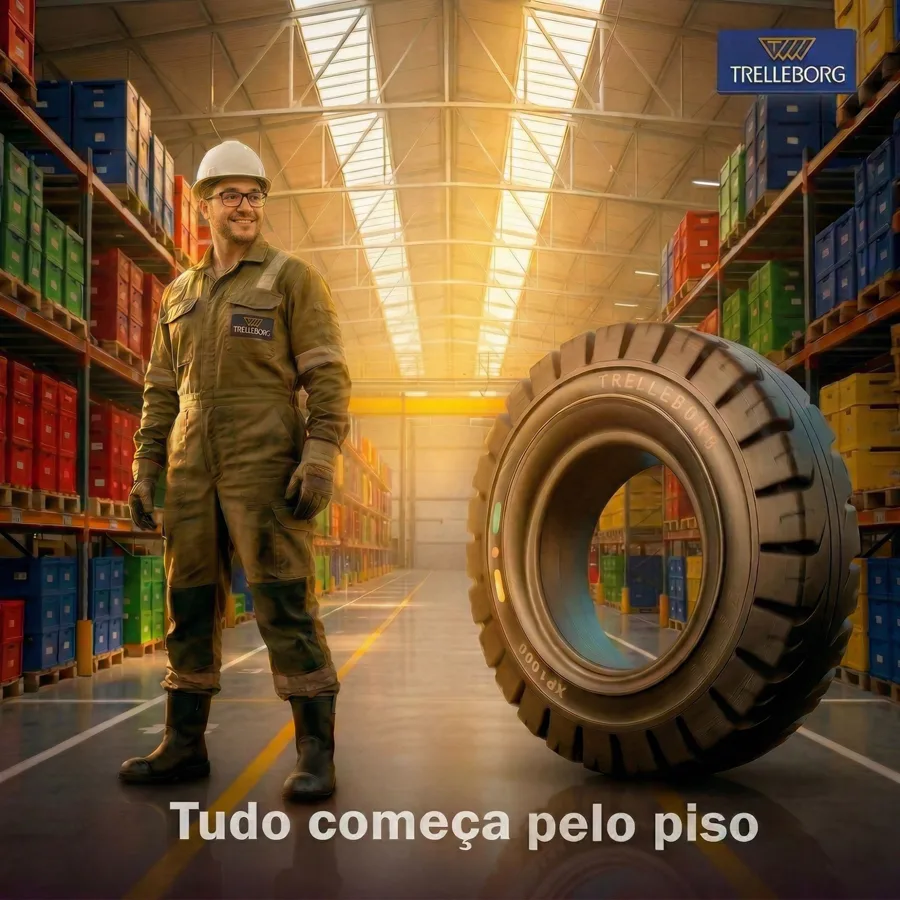 Visitante retratado pela IA como operador em um galpão, ao lado de um pneu Trelleborg