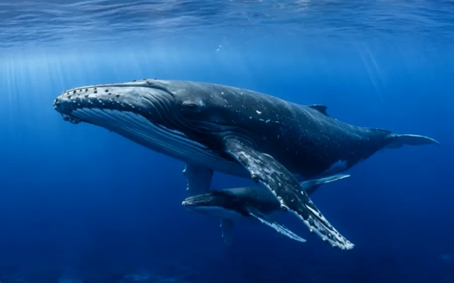 Baleia-jubarte e filhote nadando no mar azul