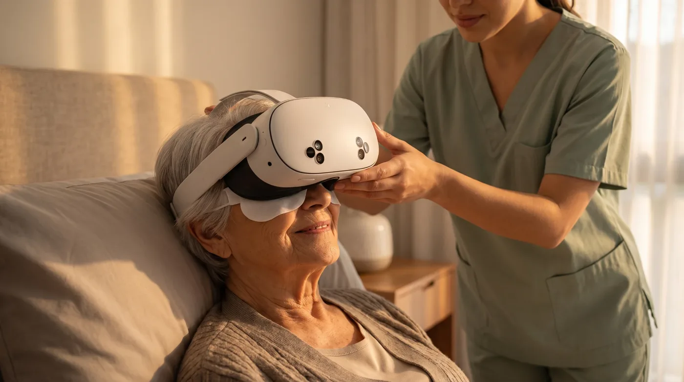 Profissional de saúde ajustando óculos de realidade virtual em uma senhora sorrindo